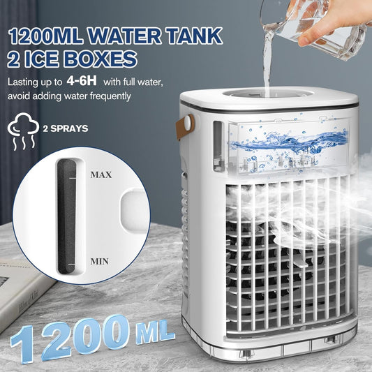 Mini Air Conditioner, Portable Air Conditioners w/Remote, 1.2L Water Tank & 2 Ice Boxes, Auto-off Timer, 5400mAh Built-in Battery, Evaporative Air Cooler With 3Speeds, Desktop Fan For HomeOutdoors