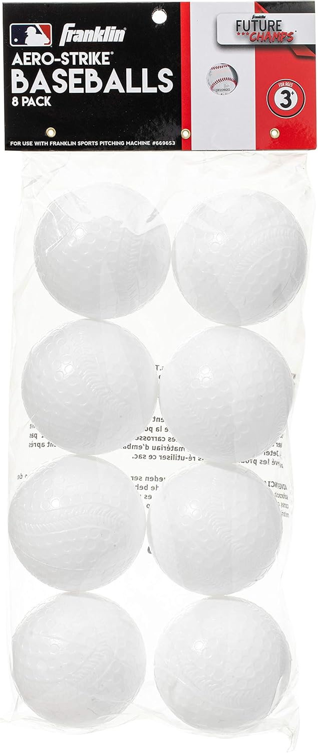 Franklin Sports Plastic Baseballs - Practice Plastic Baseballs for Kids - Solid Plastic Balls for Hitting - Pack of 8 (70mm), White (14938P6)