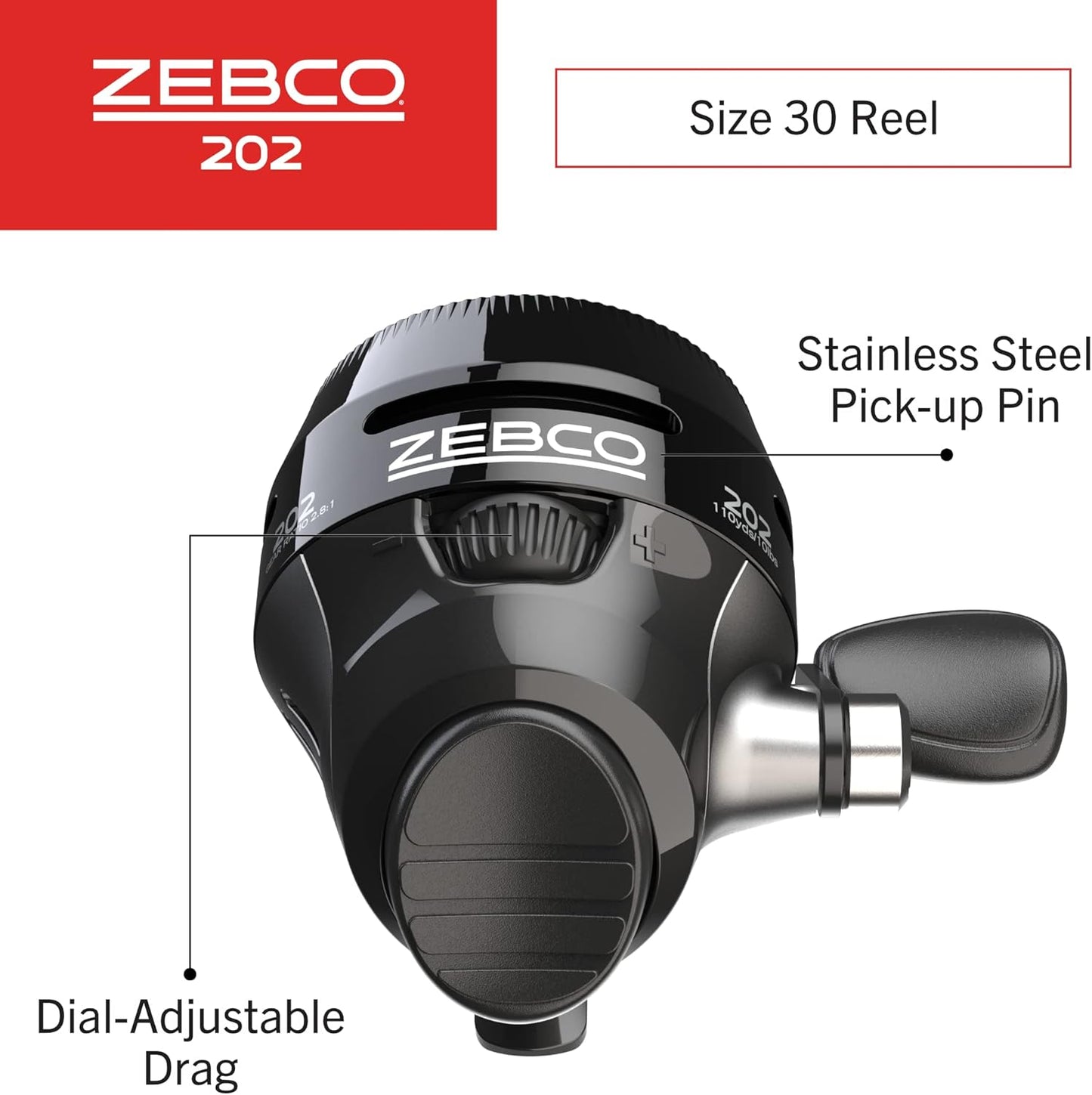 Zebco 202 Spincast Fishing Reel, Size 30 Reel, Right-Hand Retrieve, Durable All-Metal Gears, Stainless Steel Pick-up Pin, Pre-Spooled with 10-Pound Zebco Fishing Line, Black, Clam Packaging