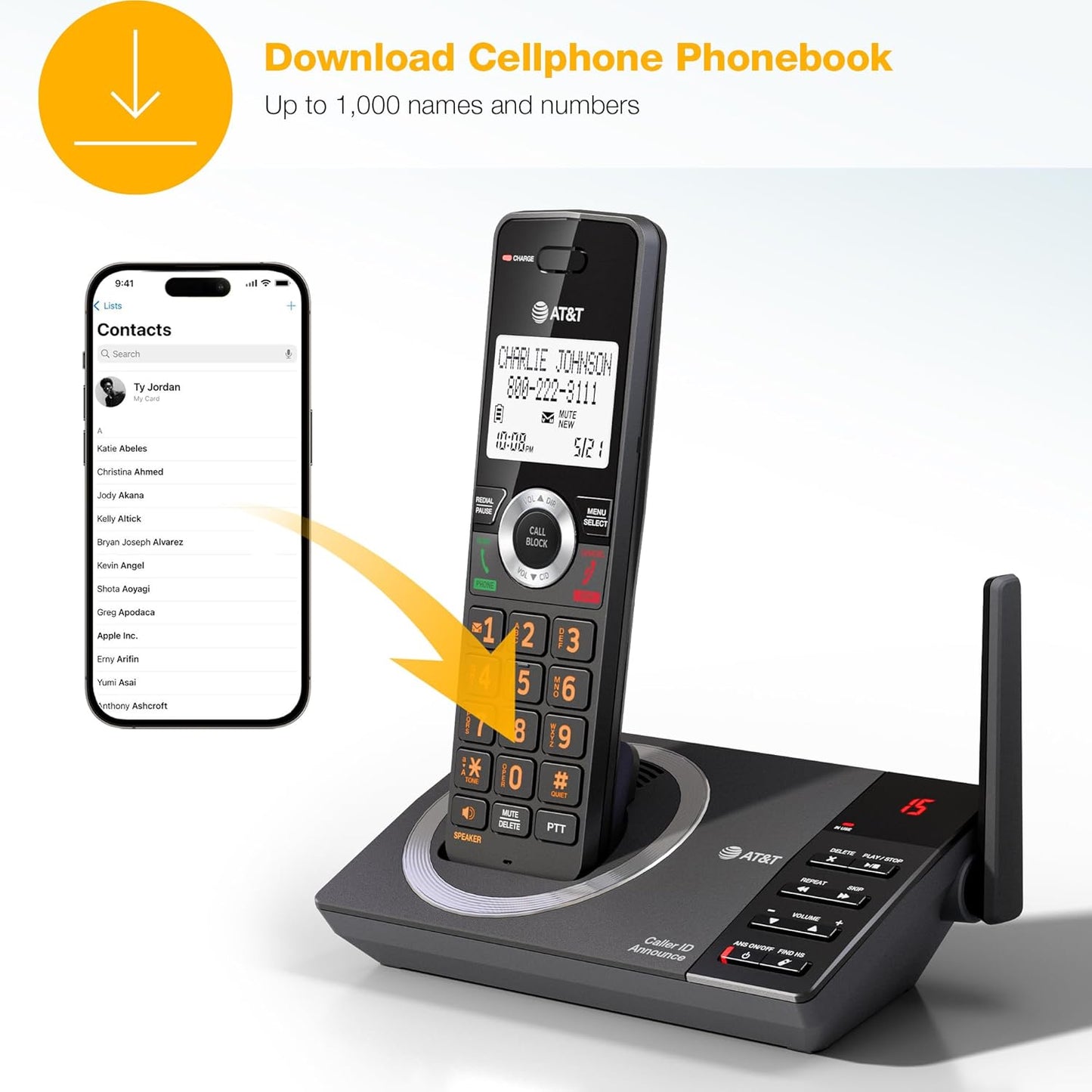 AT&T 4-Handset DECT 6.0 Expandable Cordless Home Phone with Large Display, Big Buttons, Answering Machine, Smart Call Blocker, Bluetooth Connect to Cell, Long Range, Caller ID, Speakerphone: DL72419