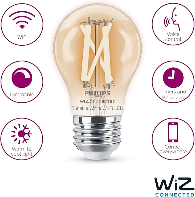 Philips 40-Watt Equivalent A15 Smart Wi-Fi Vintage Edison LED Light Bulb Tunable White 2700 (K) WiZ with Bluetooth (4-Pack)