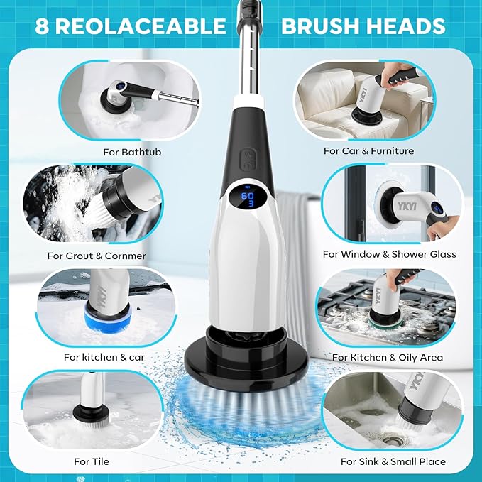 Electric Spin Scrubber, Cordless Cleaning Brush Power Shower Scrubber Long Handle Extendable Handheld Electric Scrubber for Bathroom Floor Tub Tile with 8 Replaceable Brush Heads & Hook