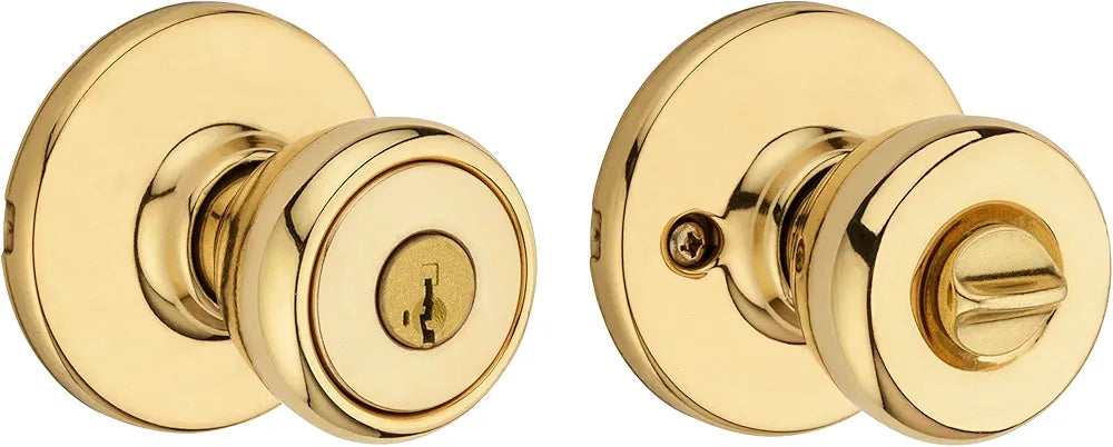 Exterior Key Lock Door Knob, Single Cylinder Entry Handle, Polished Brass Finish