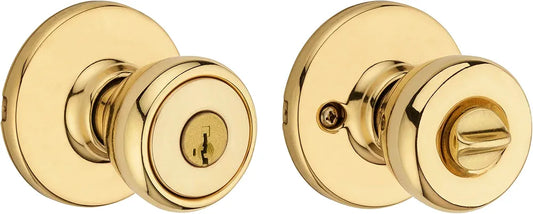 Exterior Key Lock Door Knob, Single Cylinder Entry Handle, Polished Brass Finish