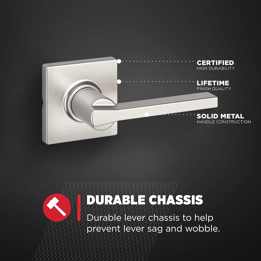 Interior Passage Door Lever Handle, Non-Locking Reversible Design, Satin Nickel Finish