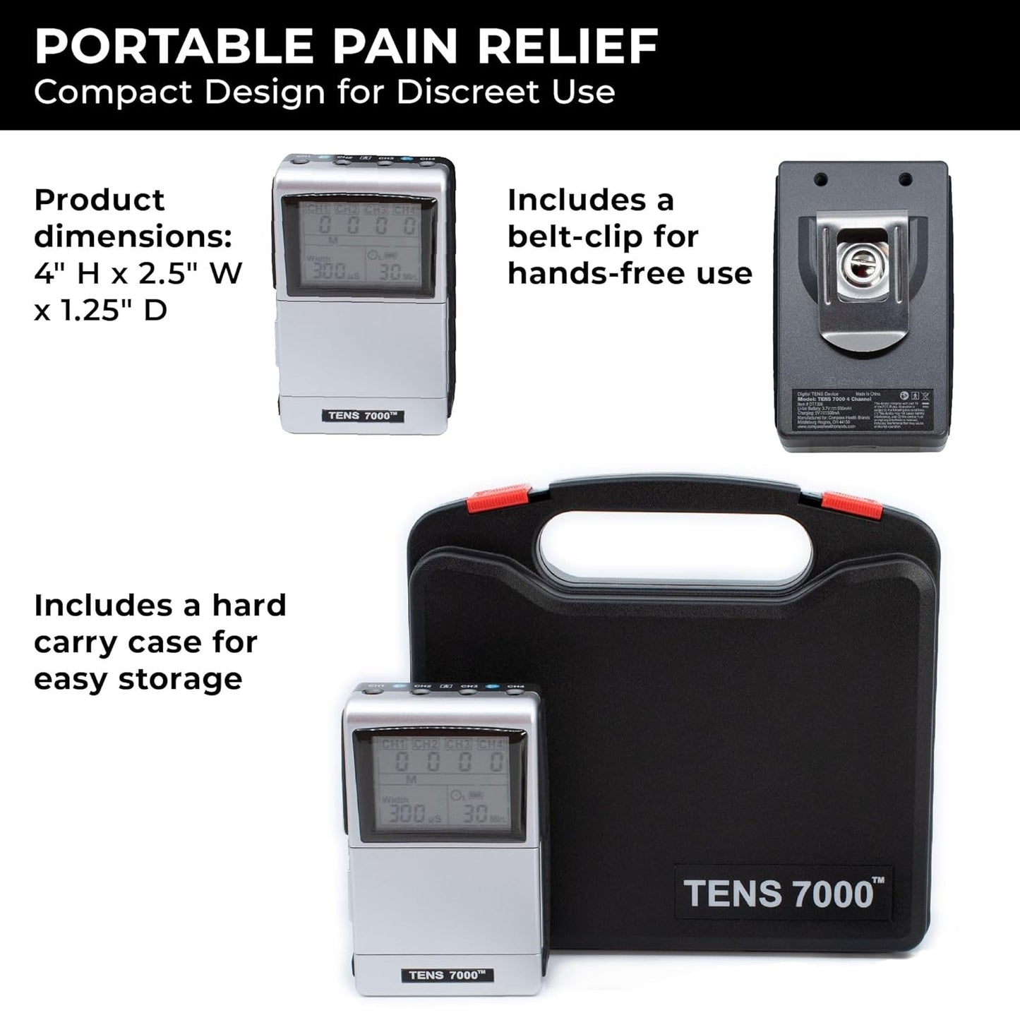 TENS 7000 Pro Rechargeable Tens Unit Muscle Stimulator, 4 Channels, Back Pain Relief, 8 Electrodes/Unit Pads, EMS and TENS Machine, Muscle Recovery & Growth, Stim Machine, Electrotherapy