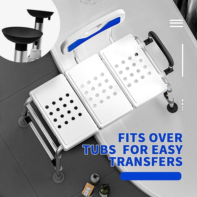 Tub Transfer Bench and Shower Chair with Non Slip Aluminum Body, FSA Eligible, Adjustable Seat Height and Cut Out Access, Holds Weight up to 500 Lbs