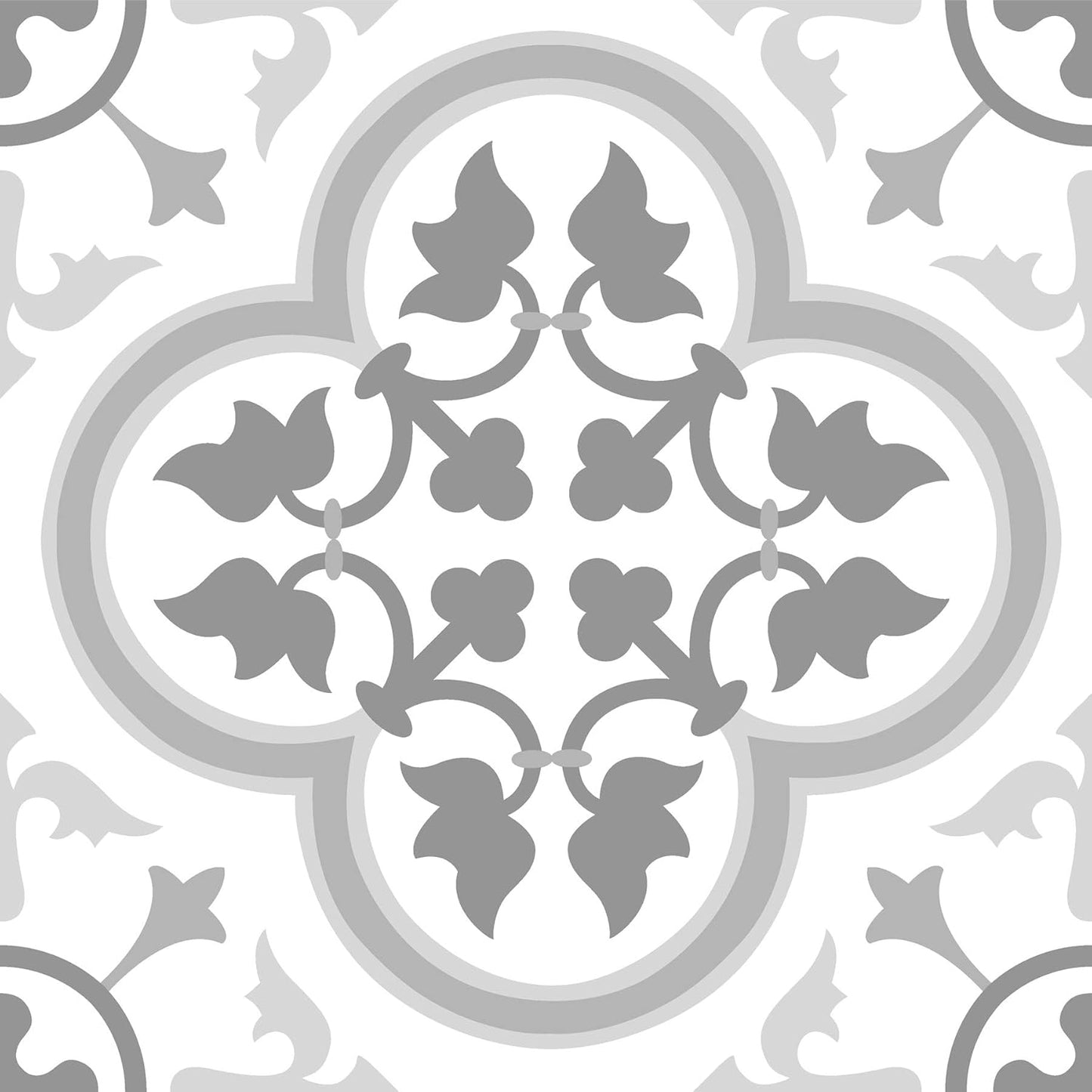 Decorative Peel and Stick Vinyl Floor Tiles - Moroccan Encaustic Pattern - Water Resistant Self-Adhesive Tiles for Bathroom, Kitchen, Laundry Room - 10 Pack Grey & White (10 sq ft)