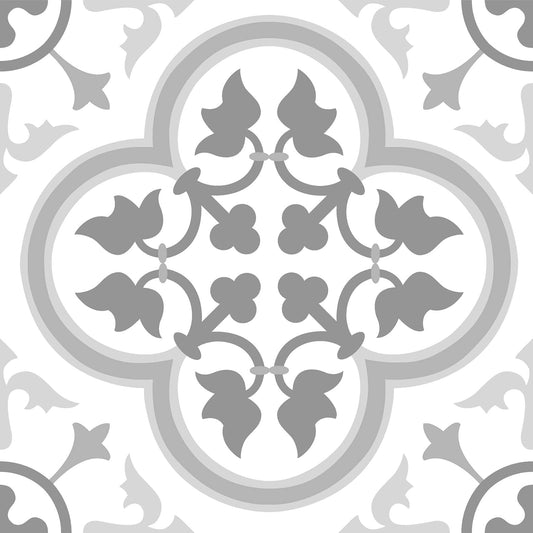 Decorative Peel and Stick Vinyl Floor Tiles - Moroccan Encaustic Pattern - Water Resistant Self-Adhesive Tiles for Bathroom, Kitchen, Laundry Room - 10 Pack Grey & White (10 sq ft)