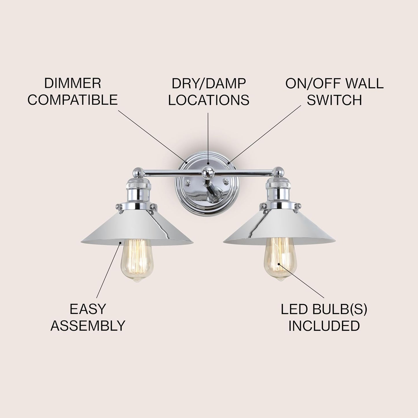 JONATHAN Y JYL7424A June 17.5" 2-Light Metal Shade Farmhouse Sconce Contemporary Transitional 2200K Edison 25W Bulbs Included for Bedroom Living Room Bathroom, Vanity Lighting, Chrome