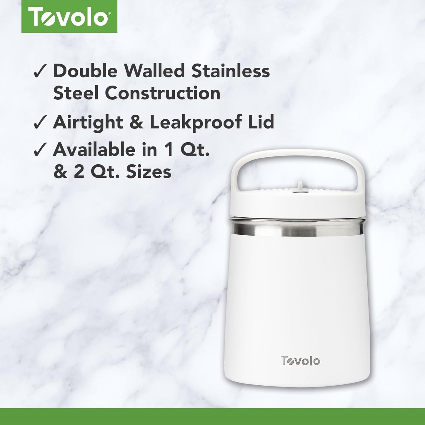 Tovolo 2 Quart Stainless Steel Traveler, Double-Wall Vacuum-Insulated Food Container, 2 Qt. Food Storage & Ice Cream Container, Easy-Carry Handle, Travel Mug for Hot Food & Cold Ice Cream, White