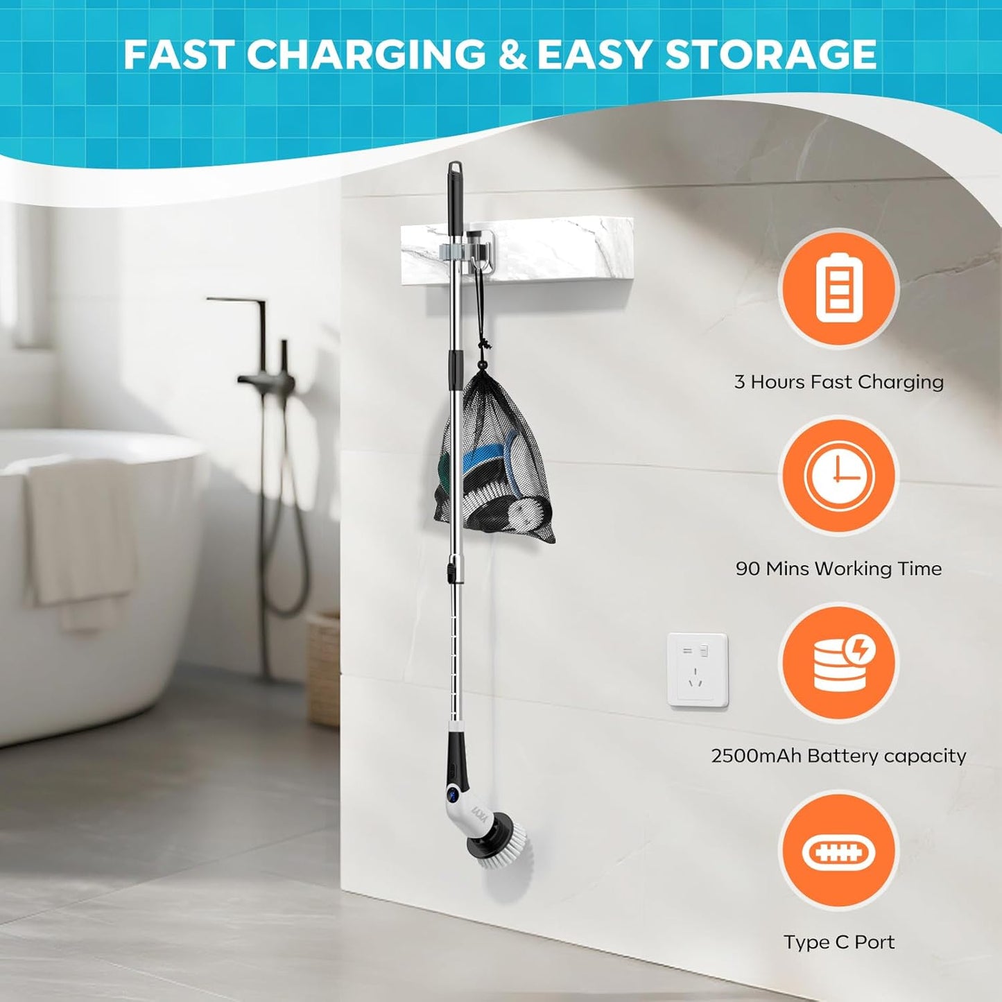 Electric Spin Scrubber, Cordless Cleaning Brush Power Shower Scrubber Long Handle Extendable Handheld Electric Scrubber for Bathroom Floor Tub Tile with 8 Replaceable Brush Heads & Hook