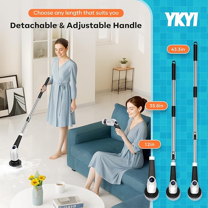 Electric Spin Scrubber, Cordless Cleaning Brush Power Shower Scrubber Long Handle Extendable Handheld Electric Scrubber for Bathroom Floor Tub Tile with 8 Replaceable Brush Heads & Hook