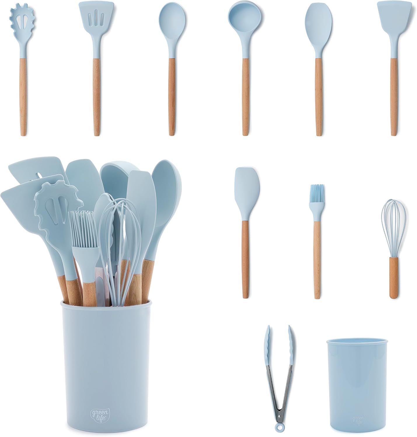 GreenLife 11 Piece Silicone Utensil Crock Set, Nonstick Kitchen Tools, Safe to 392Â°F, Ladle, Turner, Slotted Turner, Spatula, Spoon, Spaghetti Server, Basting Brush, Whisk, Tongs, Crock, Blue Haze