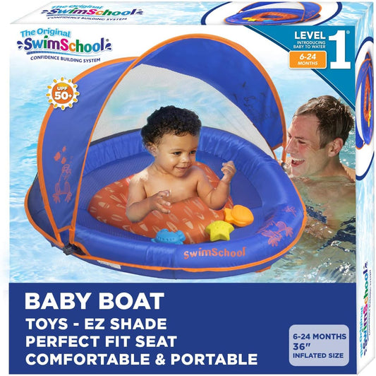 SwimSchool Deluxe Baby Float with Adjustable Canopy - 6-24 Months - Baby Swim Float with Splash & Play Activity Center Safety Seat - Blue/Orange