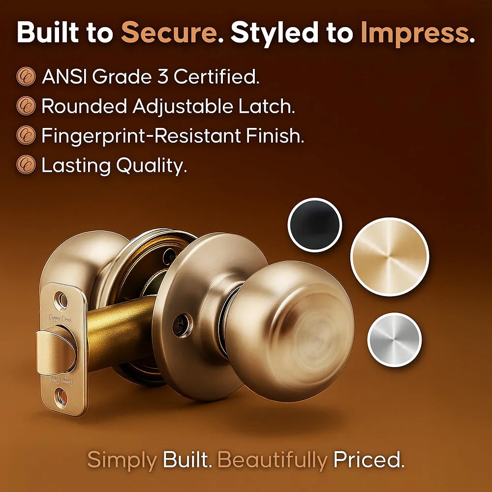 Interior Passage Door Knob, Non-Locking Reversible Handle, Polished Brass Finish