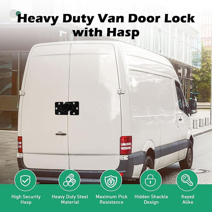 Pomunty Van Door Locks Heavy Duty Puck Lock w/Hasp High Security Hidden Shackle Padlocks Solid Steel Lock Garage Shed Door Locks w/2Keys for Trailer Truck, Black, 1 Pack