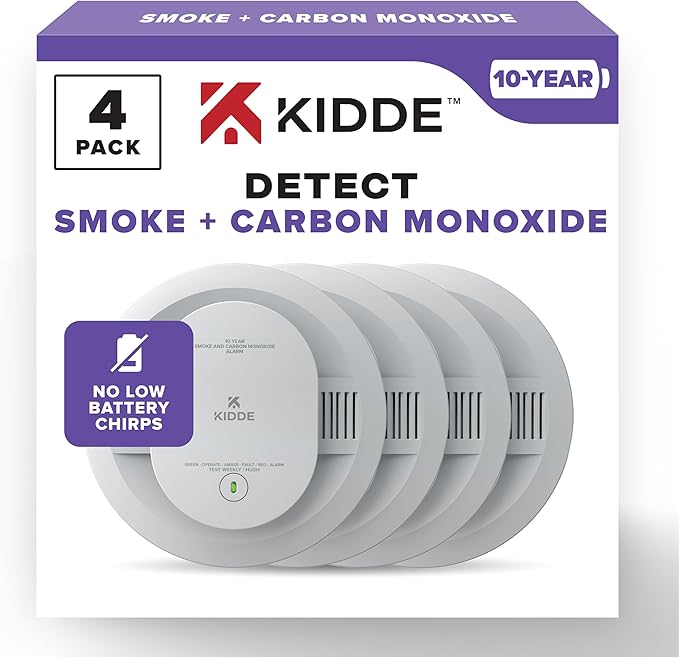 Kidde Smoke & Carbon Monoxide Detector, 10-Year Battery Powered, LED Warning Light Indicators, 4 Pack