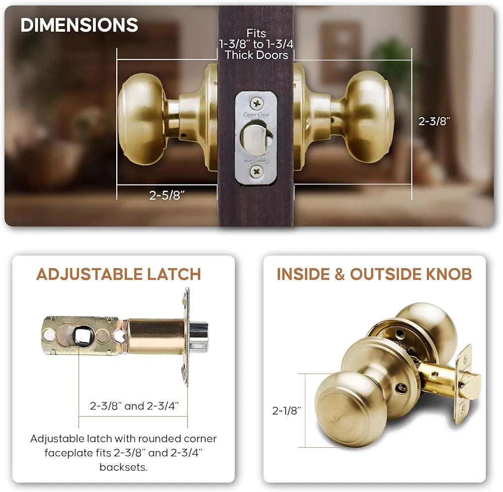 Interior Passage Door Knob, Non-Locking Reversible Handle, Polished Brass Finish