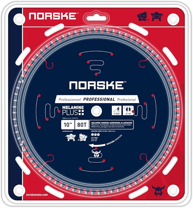Norske Tools NCSBP273 10 inch 80T Melamine Plus Saw Blade for Ultra-Smooth Cutting of Melamine, Laminates, Hardwoods and Laminate Flooring 5/8 inch Bore