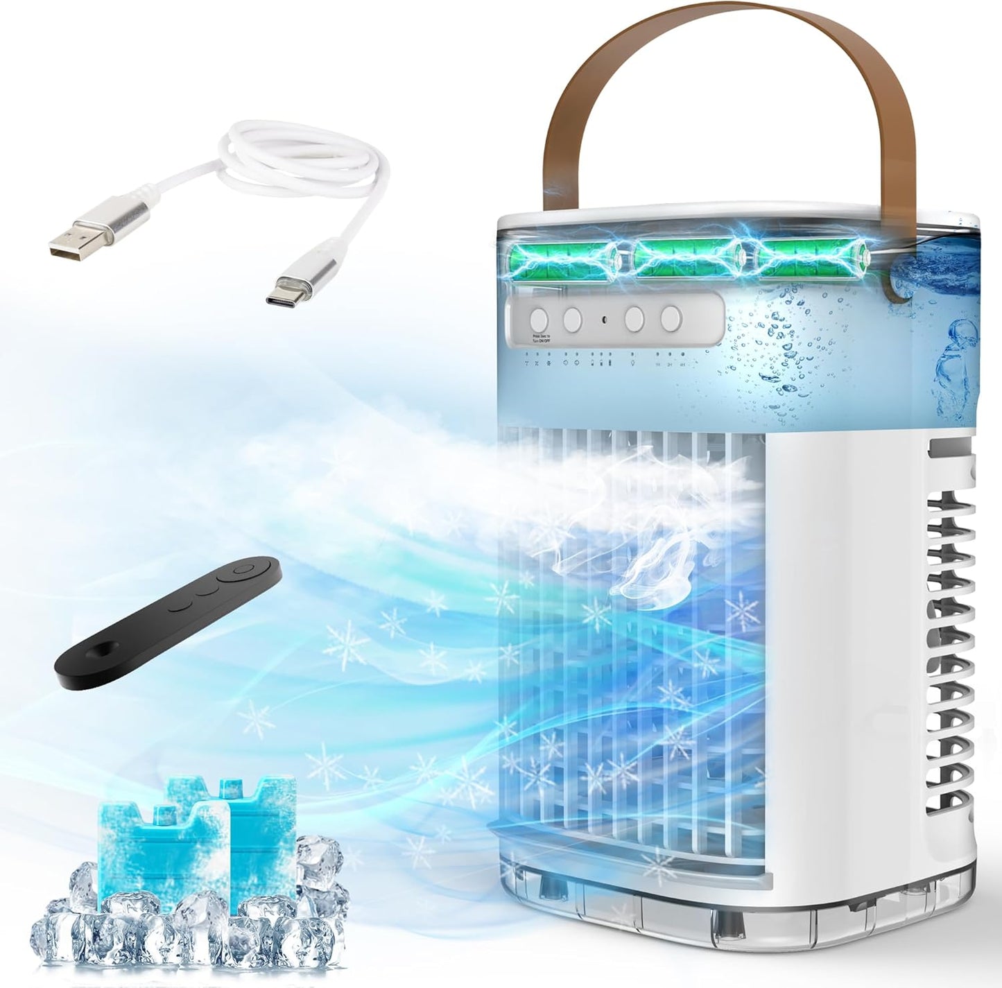 Mini Air Conditioner, Portable Air Conditioners w/Remote, 1.2L Water Tank & 2 Ice Boxes, Auto-off Timer, 5400mAh Built-in Battery, Evaporative Air Cooler With 3Speeds, Desktop Fan For HomeOutdoors