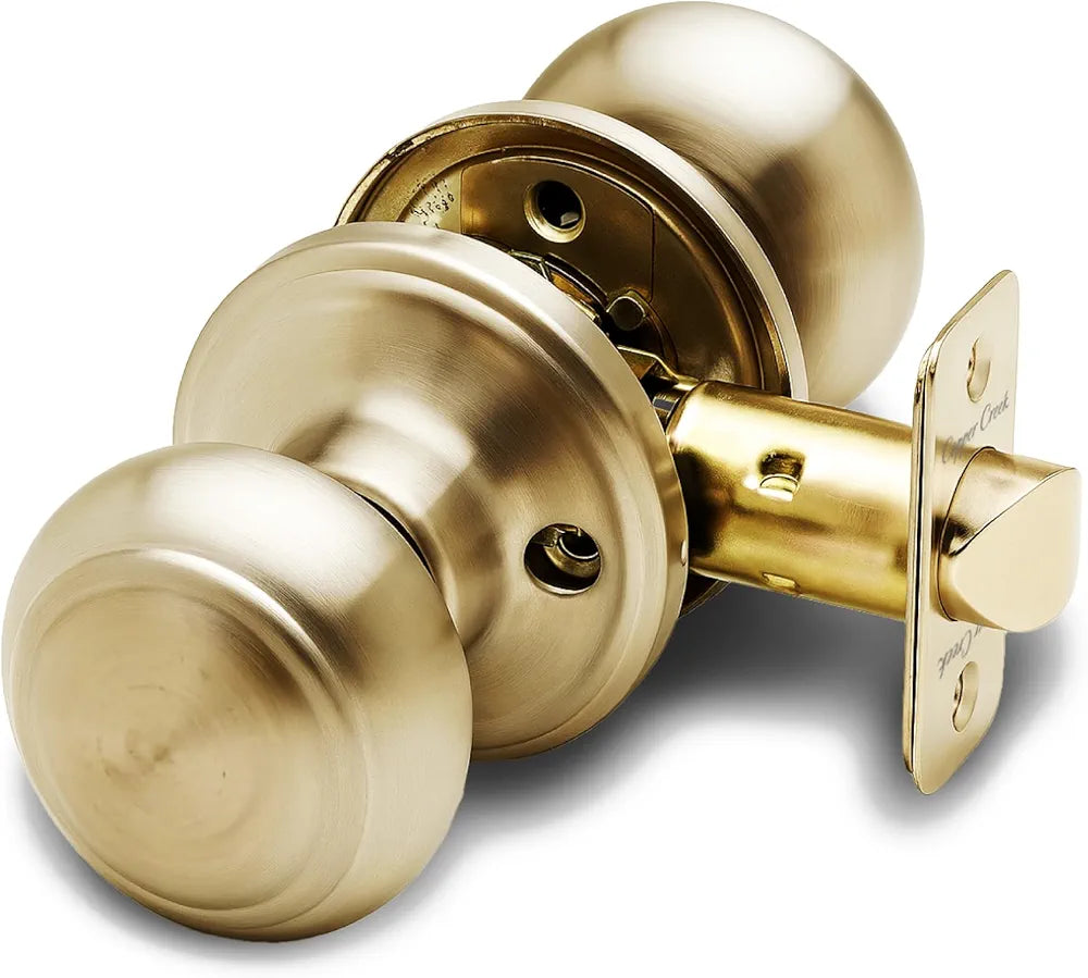 Interior Passage Door Knob, Non-Locking Reversible Handle, Polished Brass Finish