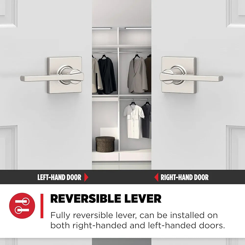 Interior Passage Door Lever Handle, Non-Locking Reversible Design, Satin Nickel Finish