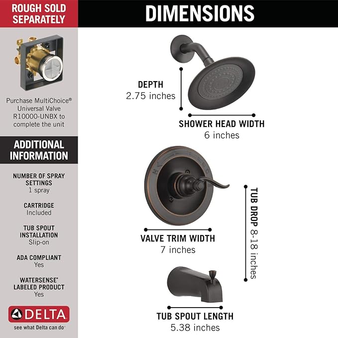 Delta BT14496-OB Windemere Function Tub Trim Kit with Single-Spray Head Shower Faucet, Without Rough, Oil Rubbed Bronze