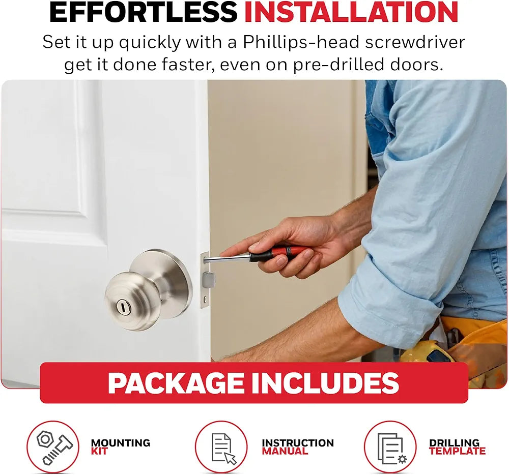 Satin Nickel Interior Door Knob with Lock & Key – Bedroom and Privacy Door Handle