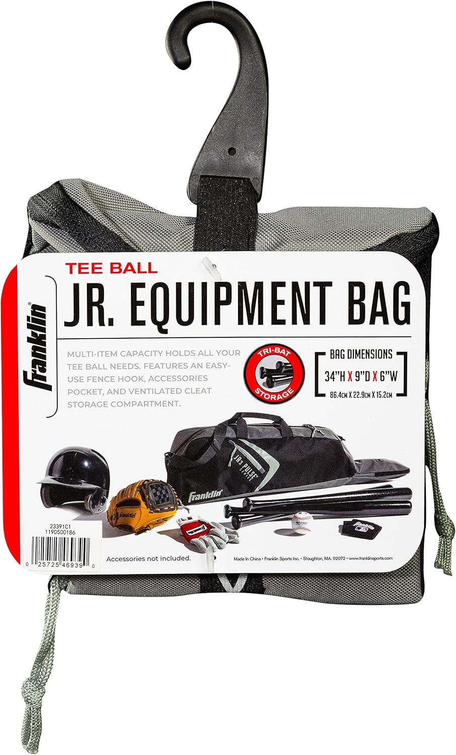 Franklin Sports Youth Baseball Bag - JR3 Junior Kids Bat Bag for Teeball, Baseball + Softball - Boys + Girls Equipment - Black/Gray