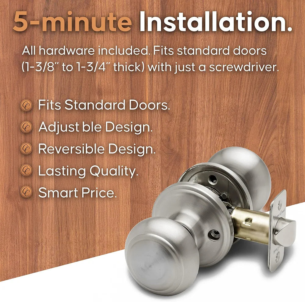 Residential Passage Door Knob, Reversible Design, Satin Stainless Finish