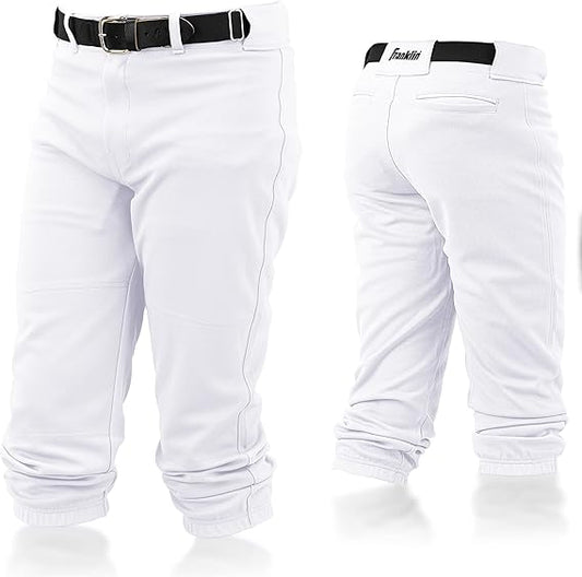 Franklin Sports Youth Baseball + Softball Pants - Knee High White Baseball Pants for Kids - Boys + Girls Knicker Style Bottoms with Belt Loop - White - Youth Medium