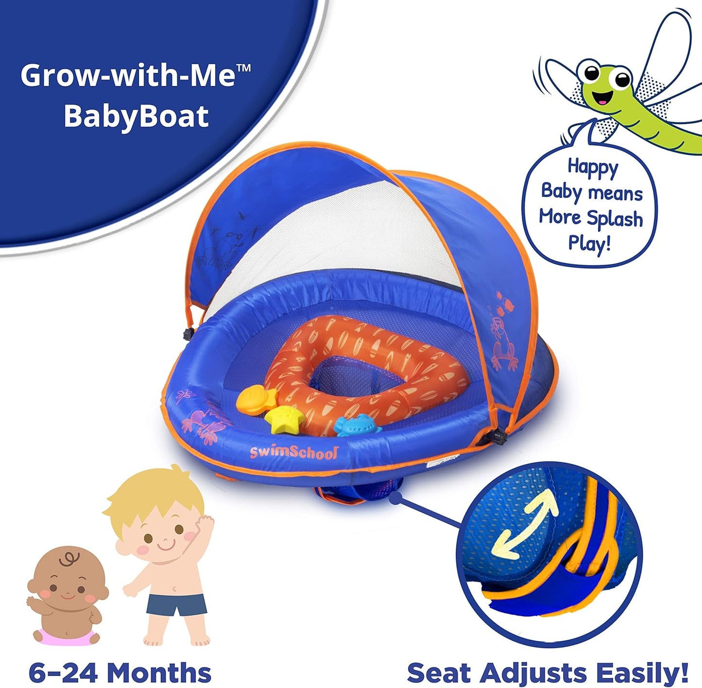 SwimSchool Deluxe Baby Float with Adjustable Canopy - 6-24 Months - Baby Swim Float with Splash & Play Activity Center Safety Seat - Blue/Orange