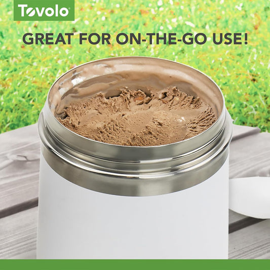 Tovolo 2 Quart Stainless Steel Traveler, Double-Wall Vacuum-Insulated Food Container, 2 Qt. Food Storage & Ice Cream Container, Easy-Carry Handle, Travel Mug for Hot Food & Cold Ice Cream, White