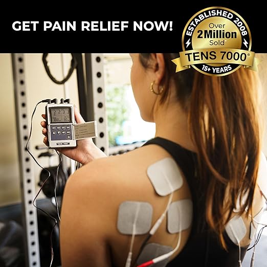 TENS 7000 Pro Rechargeable Tens Unit Muscle Stimulator, 4 Channels, Back Pain Relief, 8 Electrodes/Unit Pads, EMS and TENS Machine, Muscle Recovery & Growth, Stim Machine, Electrotherapy