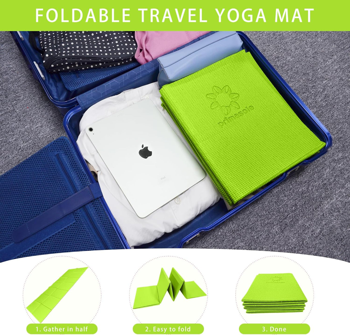 Primasole Folding Travel Yoga Mat Foldable light weight Easy to carry to Workout Fitness Class Beach Park Travel Picnics 4mm thick Lime Green Color PSS91NH028A