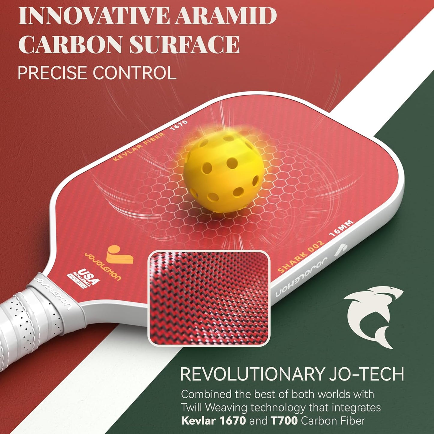 JOJOLEMON Pickleball Paddles, Hybrid Carbon Fiber & Kevlar Rackets with 16mm Polymer Honeycomb Core, Designed for Ultimate Spin & Precise Control - USAPA Approved
