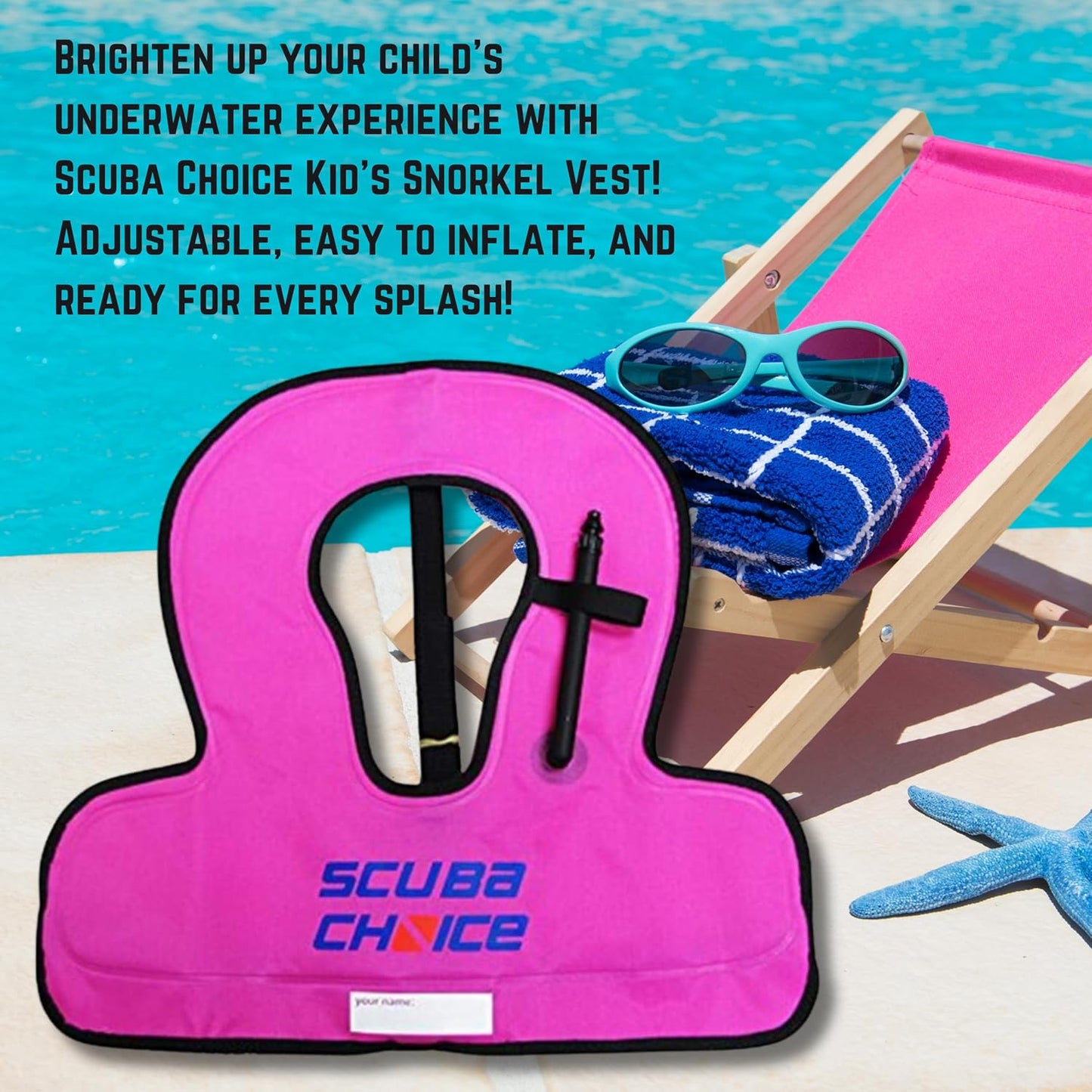 Scuba Choice Kid's Snorkel Vest with Name Box, Purple â€“ Lightweight Adjustable Vest for Kids Up to 100 lbs with Easy Oral Inflator and Anti-Ride-Up Strap for Comfort and Safety