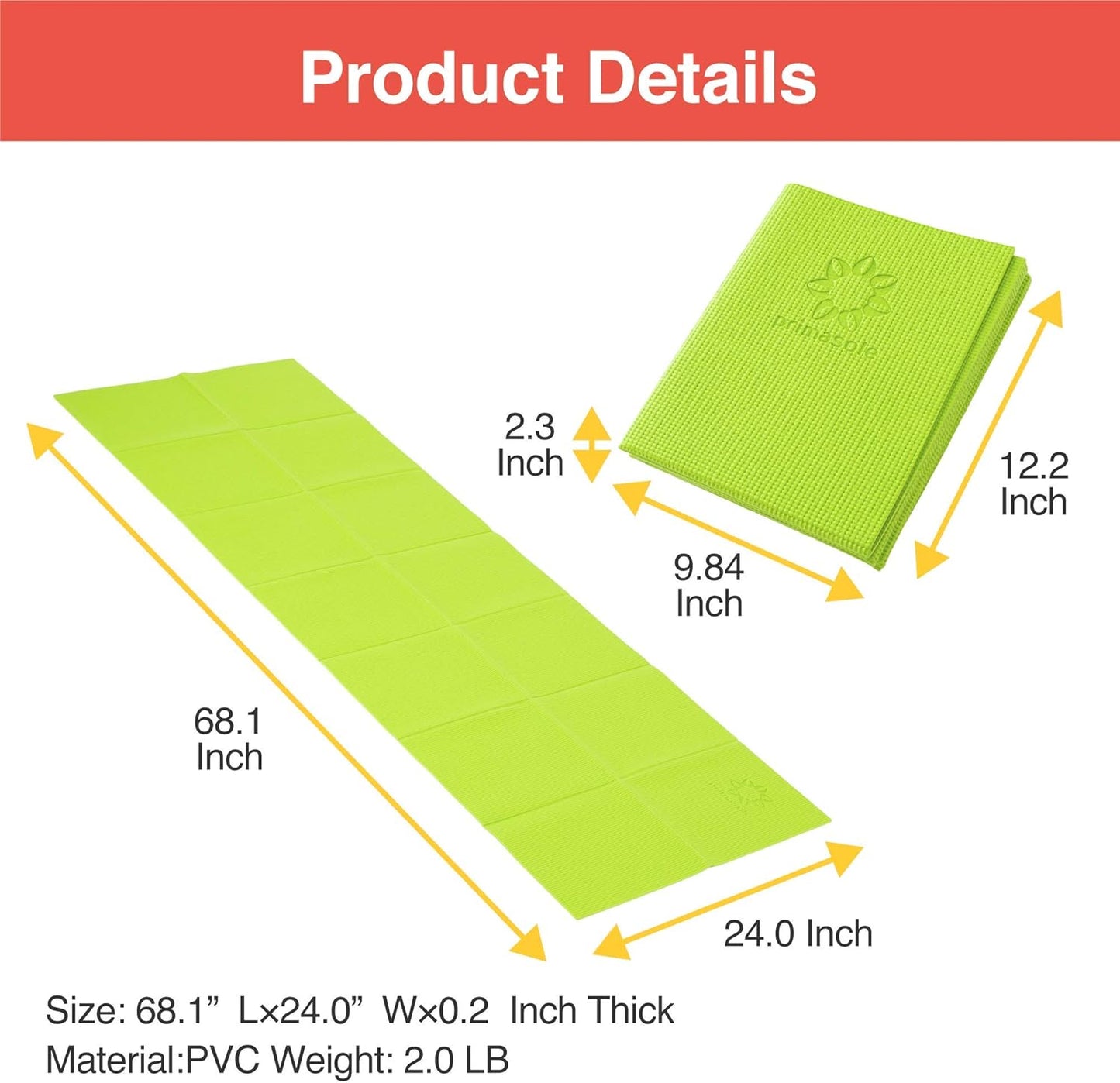 Primasole Folding Travel Yoga Mat Foldable light weight Easy to carry to Workout Fitness Class Beach Park Travel Picnics 4mm thick Lime Green Color PSS91NH028A
