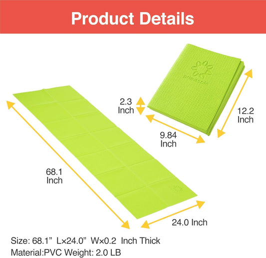 Primasole Folding Travel Yoga Mat Foldable light weight Easy to carry to Workout Fitness Class Beach Park Travel Picnics 4mm thick Lime Green Color PSS91NH028A