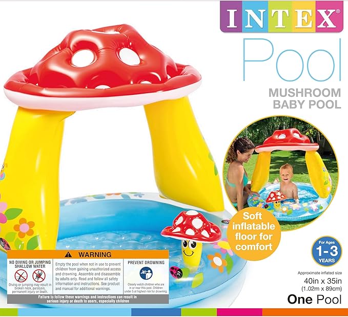 INTEX 57114EP Mushroom Baby Pool: Built-In Mushroom Shade â€“ Soft Inflatable Floor â€“ Durable Vinyl â€“ Ages 1-3 â€“ 40" x 35"