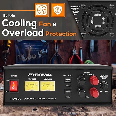 Pyramid PSV500 Universal Compact 50 Amp Adjustable 12 to 15 Volts Output Home Bench Power Converter Supply, with 2 USB Ports and Overload Protection