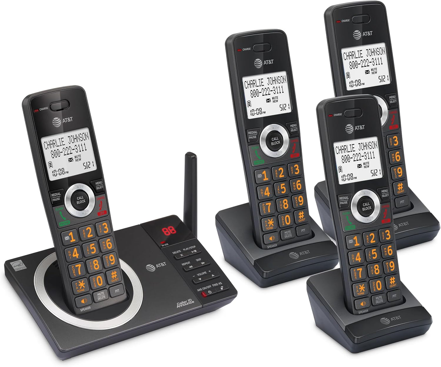 AT&T 4-Handset DECT 6.0 Expandable Cordless Home Phone with Large Display, Big Buttons, Answering Machine, Smart Call Blocker, Bluetooth Connect to Cell, Long Range, Caller ID, Speakerphone: DL72419