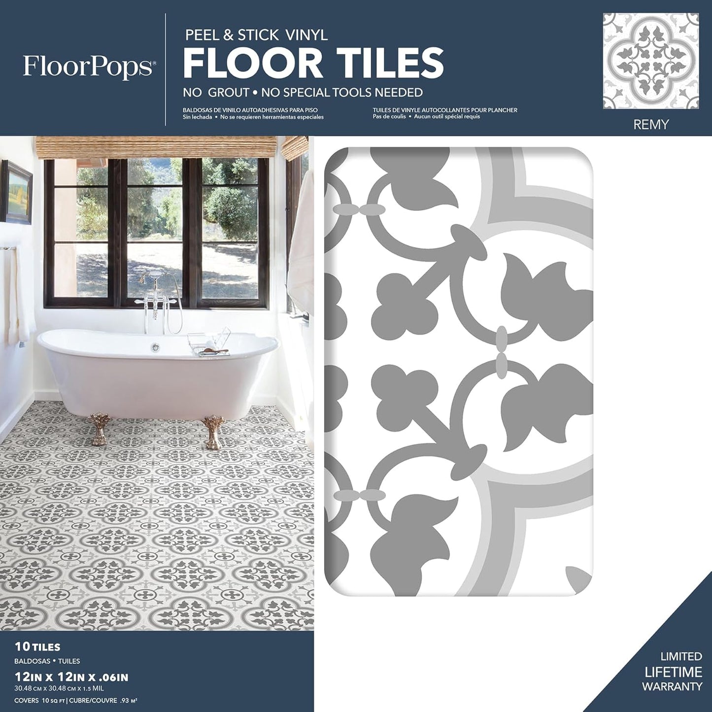 Decorative Peel and Stick Vinyl Floor Tiles - Moroccan Encaustic Pattern - Water Resistant Self-Adhesive Tiles for Bathroom, Kitchen, Laundry Room - 10 Pack Grey & White (10 sq ft)