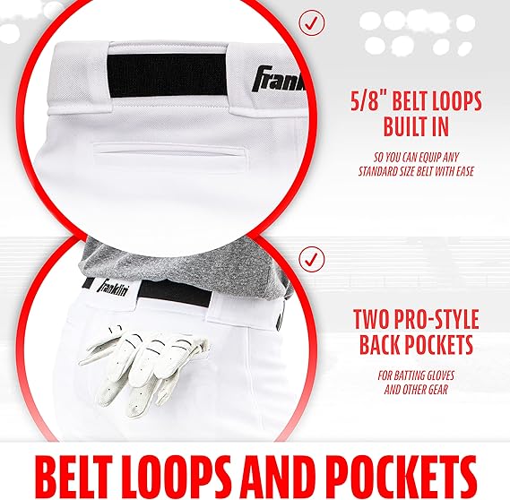 Franklin Sports Youth Baseball + Softball Pants - Knee High White Baseball Pants for Kids - Boys + Girls Knicker Style Bottoms with Belt Loop - White - Youth Medium - Yalz Store