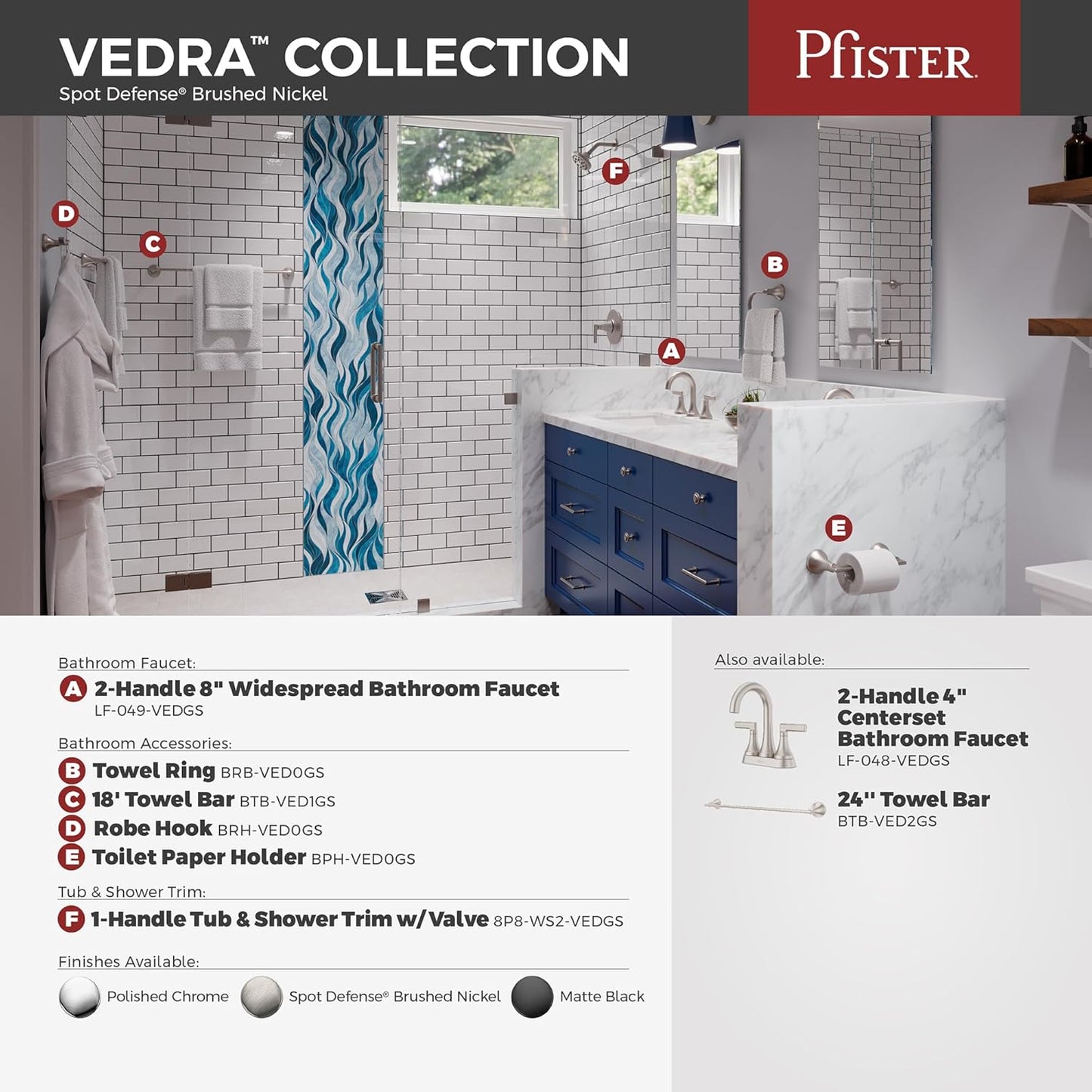 Pfister Vedra Tub & Shower Trim Kit, Valve and Cartridge Included, 1-Handle, Polished Chrome Finish, 8P8WS2VEDC