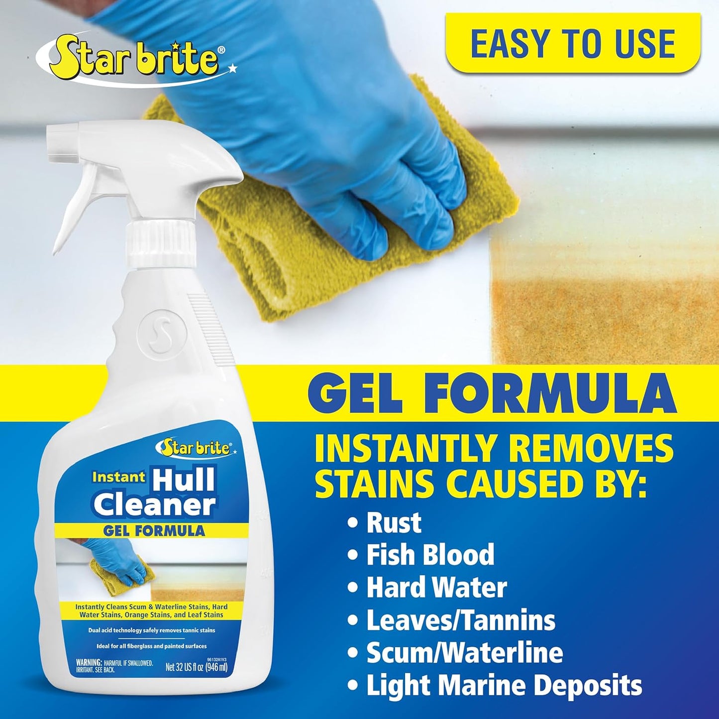 STAR BRITE Instant Hull Cleaner - 32 Oz Gel Spray - Easily Remove Stains, Scum Lines & Grime on Boat Hulls, Fiberglass, Plastic & Painted Surfaces (096132)