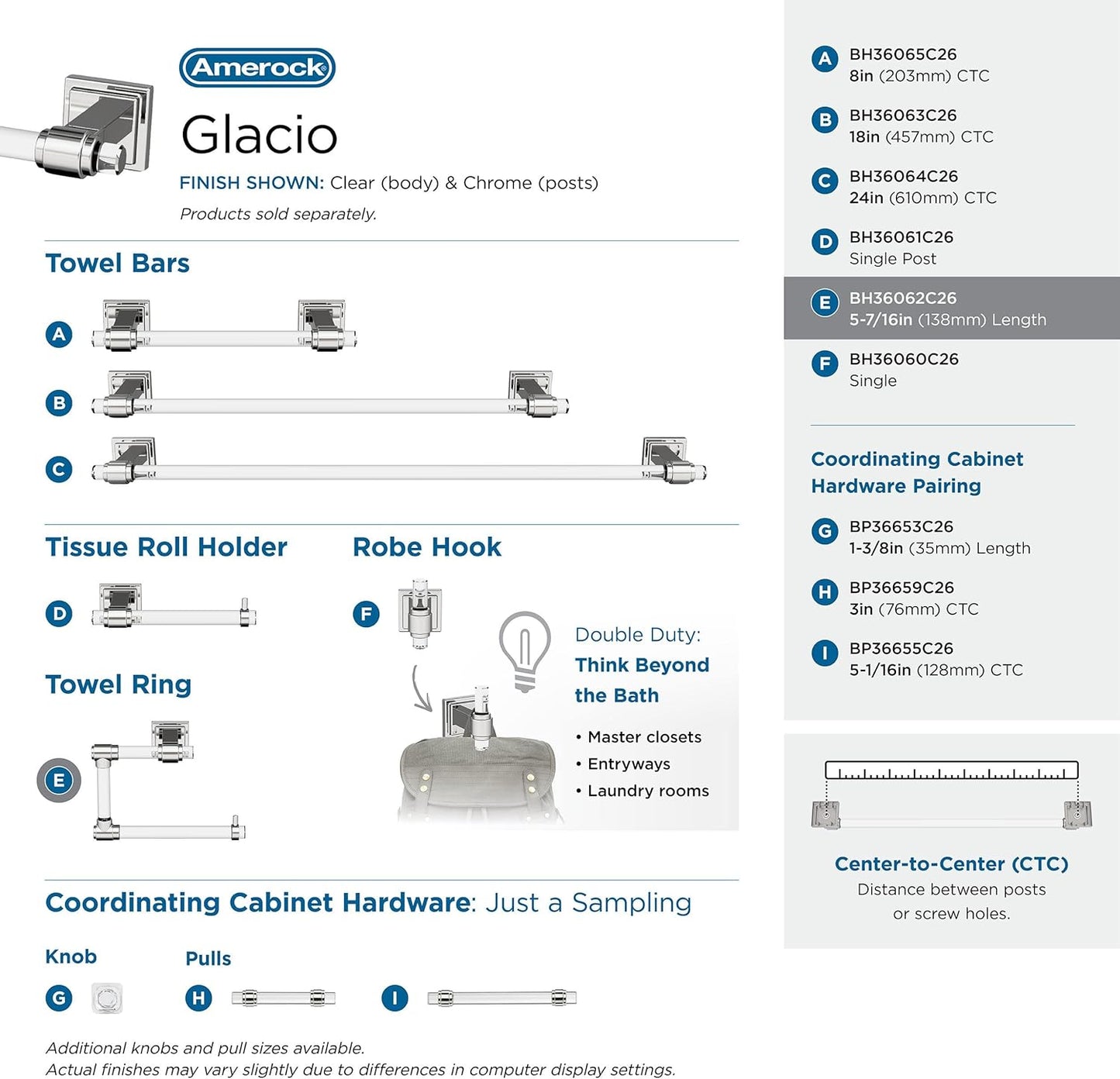 Amerock Glacio Chrome Towel Ring - Clear/Chrome Finish, 5-7/16 in Length, Bathroom & Kitchen Towel Holder