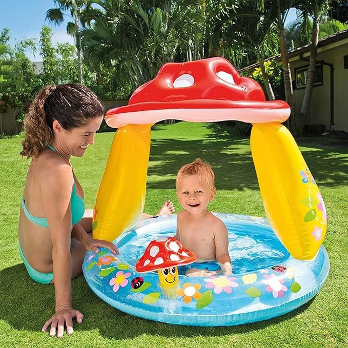 INTEX 57114EP Mushroom Baby Pool: Built-In Mushroom Shade â€“ Soft Inflatable Floor â€“ Durable Vinyl â€“ Ages 1-3 â€“ 40" x 35"