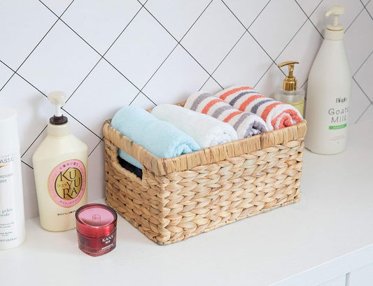 Natural Woven Water Hyacinth Wicker Rectangular Storage Bin Basket with Handles, Large